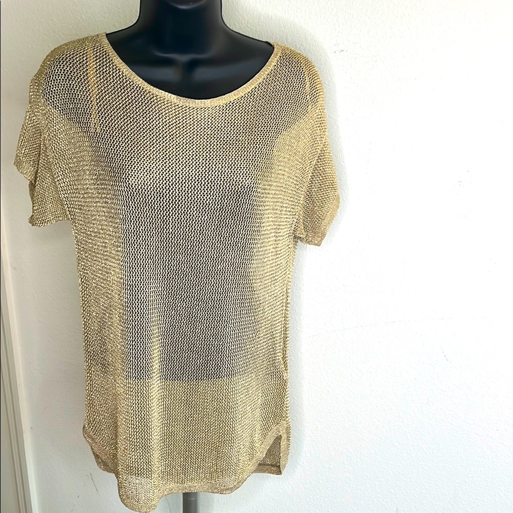 Michael Kors XS Petite Gold Knitted Crochet Sheer Top Like New short sleeve Tee